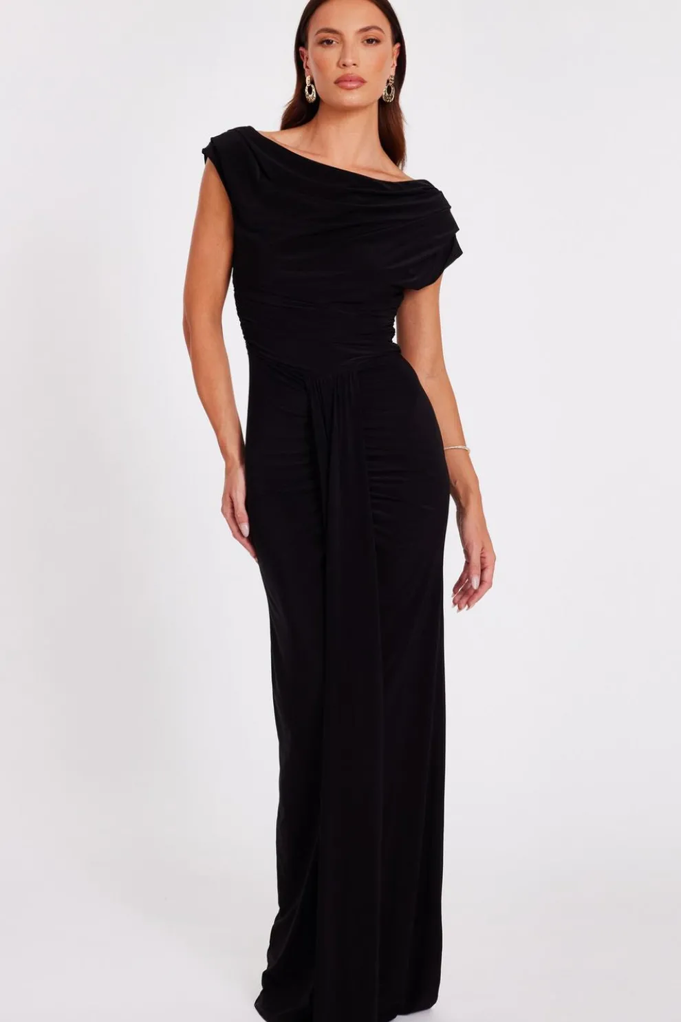 Black Off Shoulder Ruched Maxi Dress