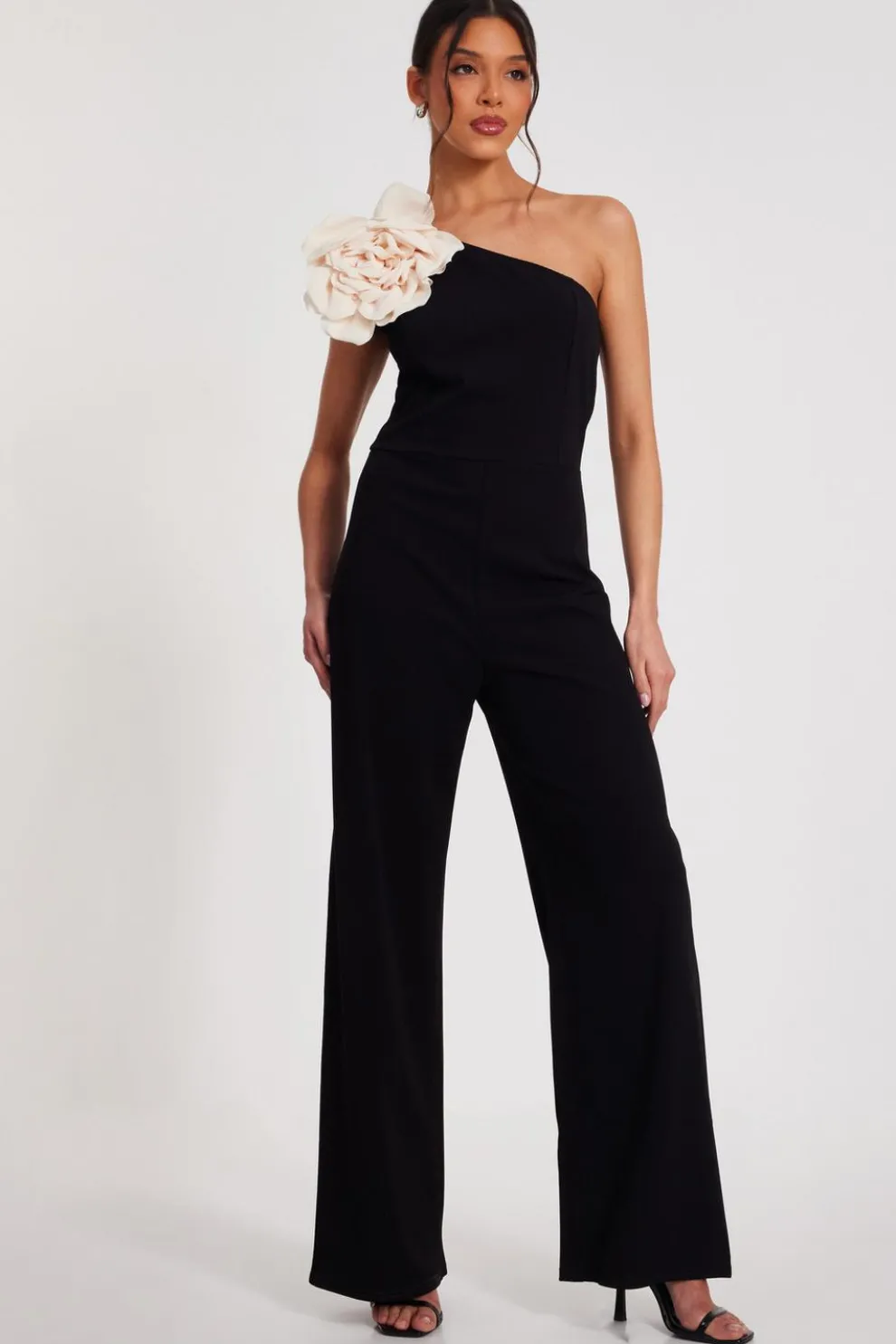 Black One Shoulder Floral Jumpsuit