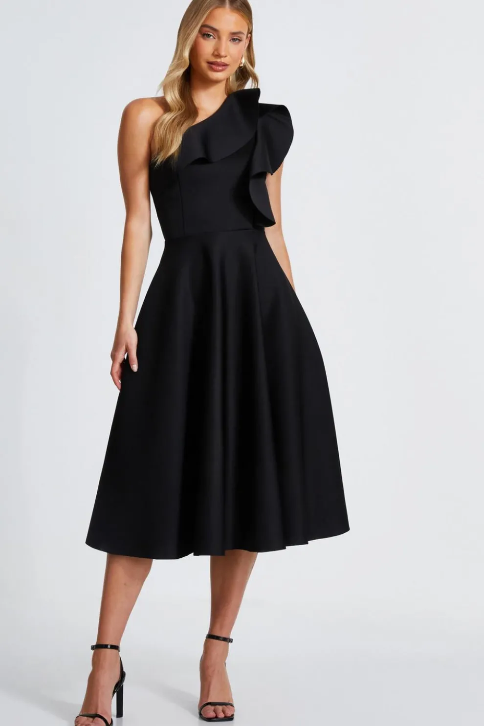 Black One Shoulder Frill Skater Dress