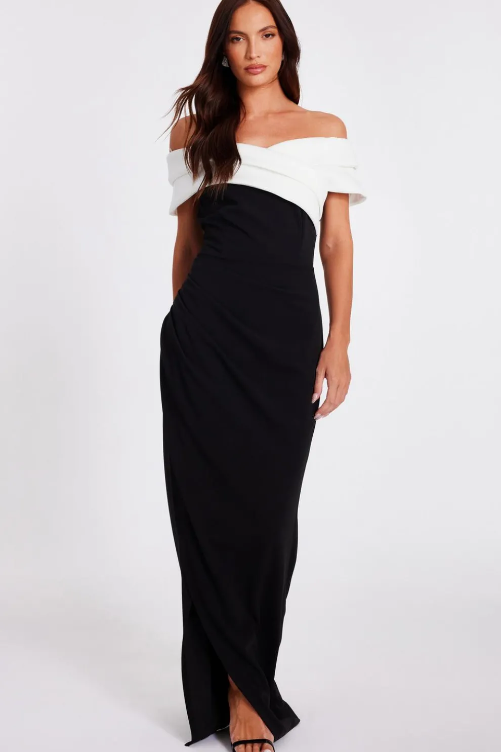 Black Pleated Bardot Maxi Dress