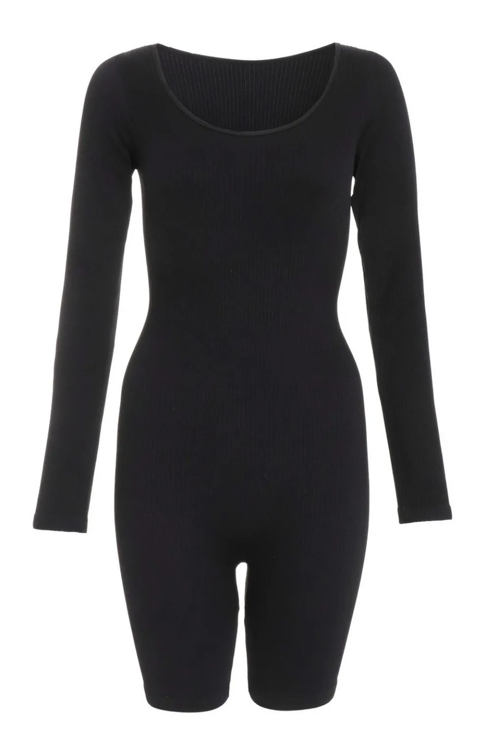 Black Ribbed Long Sleeve Playsuit