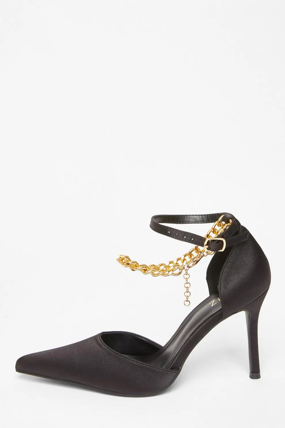 Black Satin Chain Strap Court Heels