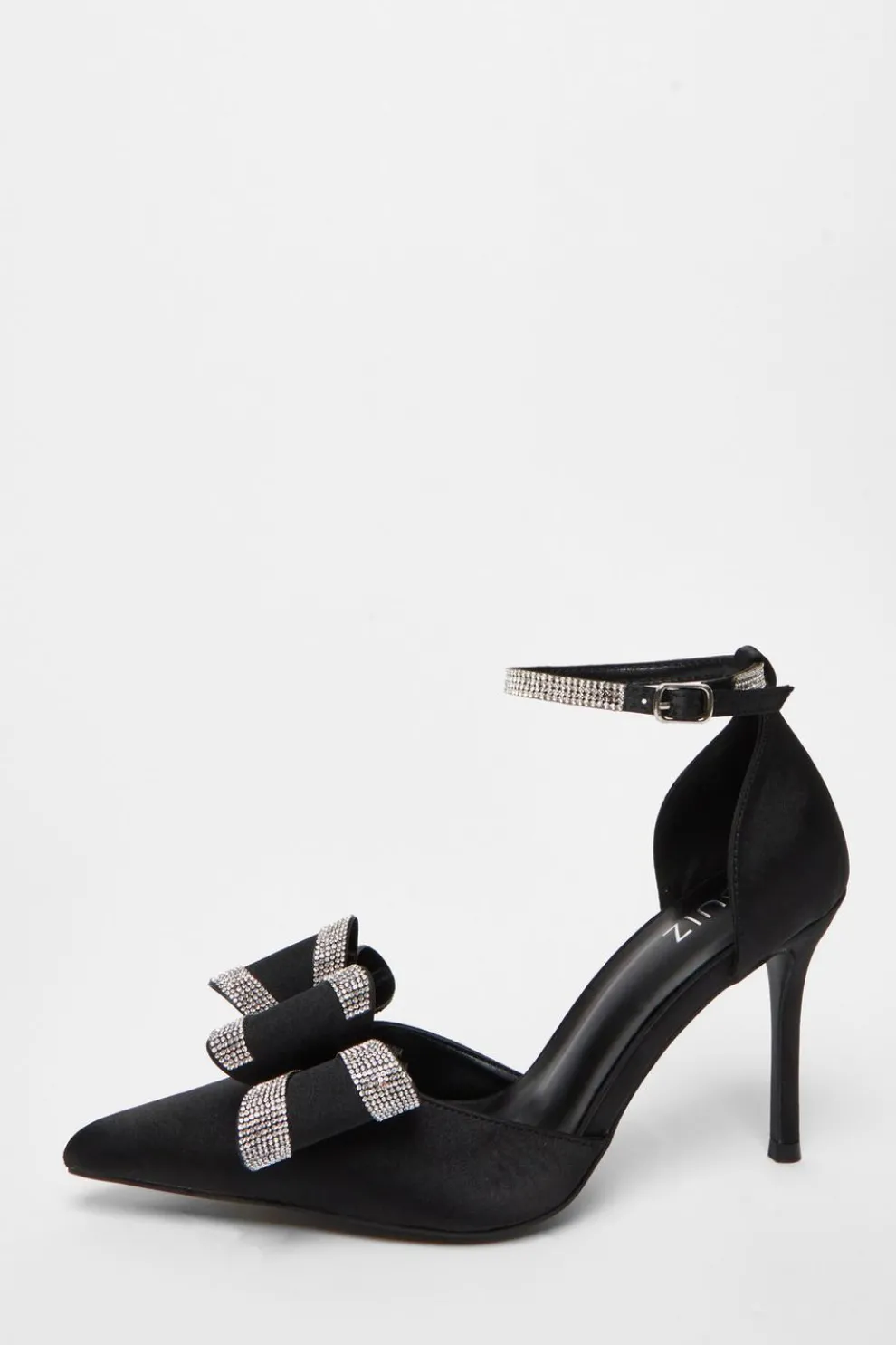 Black Satin Diamante Bow Court Heels