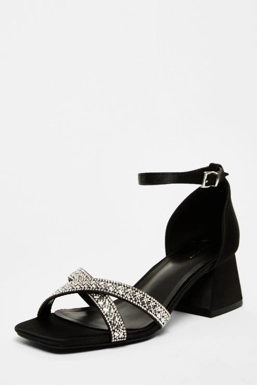 Black Satin Diamante Block Heels
