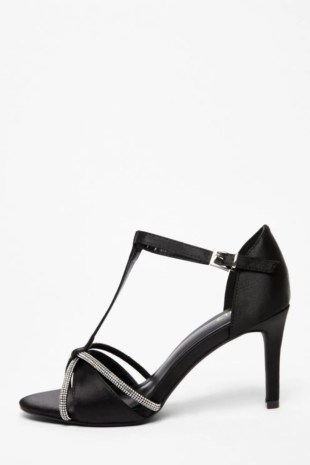 Black Satin Diamante T-Bar Heels