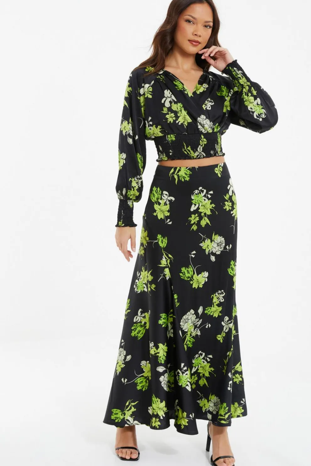 Black Satin Floral Midaxi Skirt