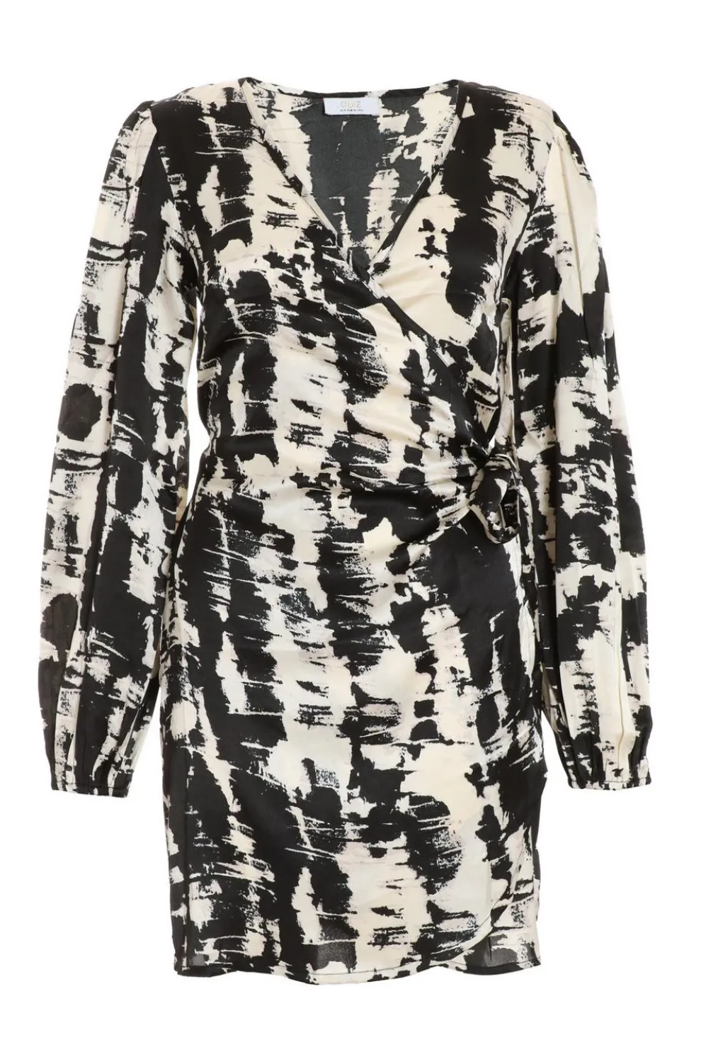 Black Satin Marble Print Wrap Dress