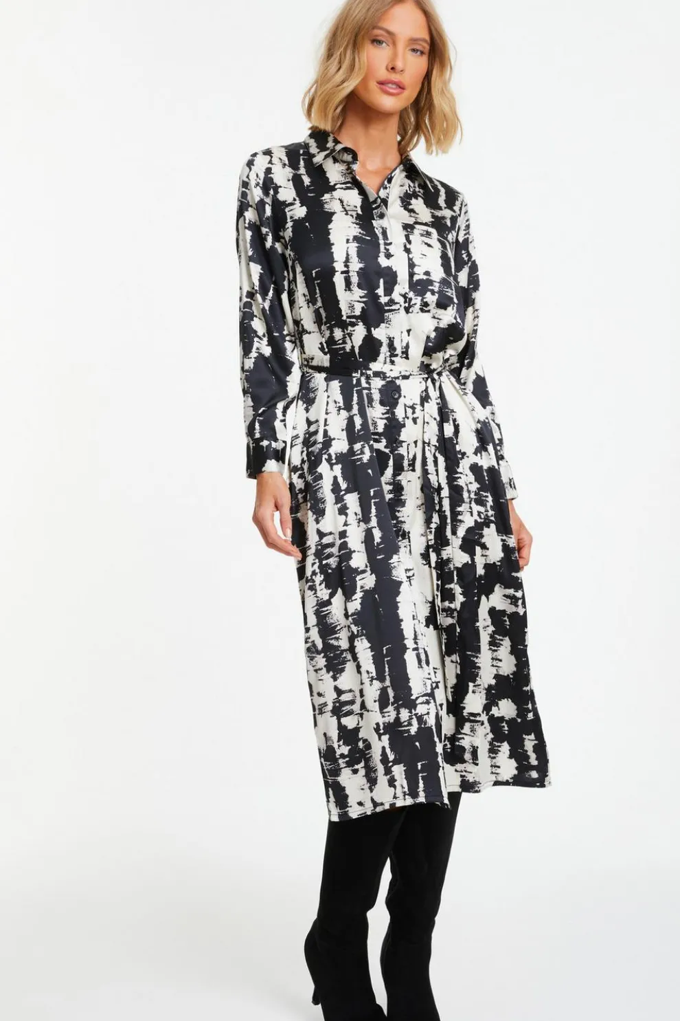 Black Satin Marble Print Shirt Dress