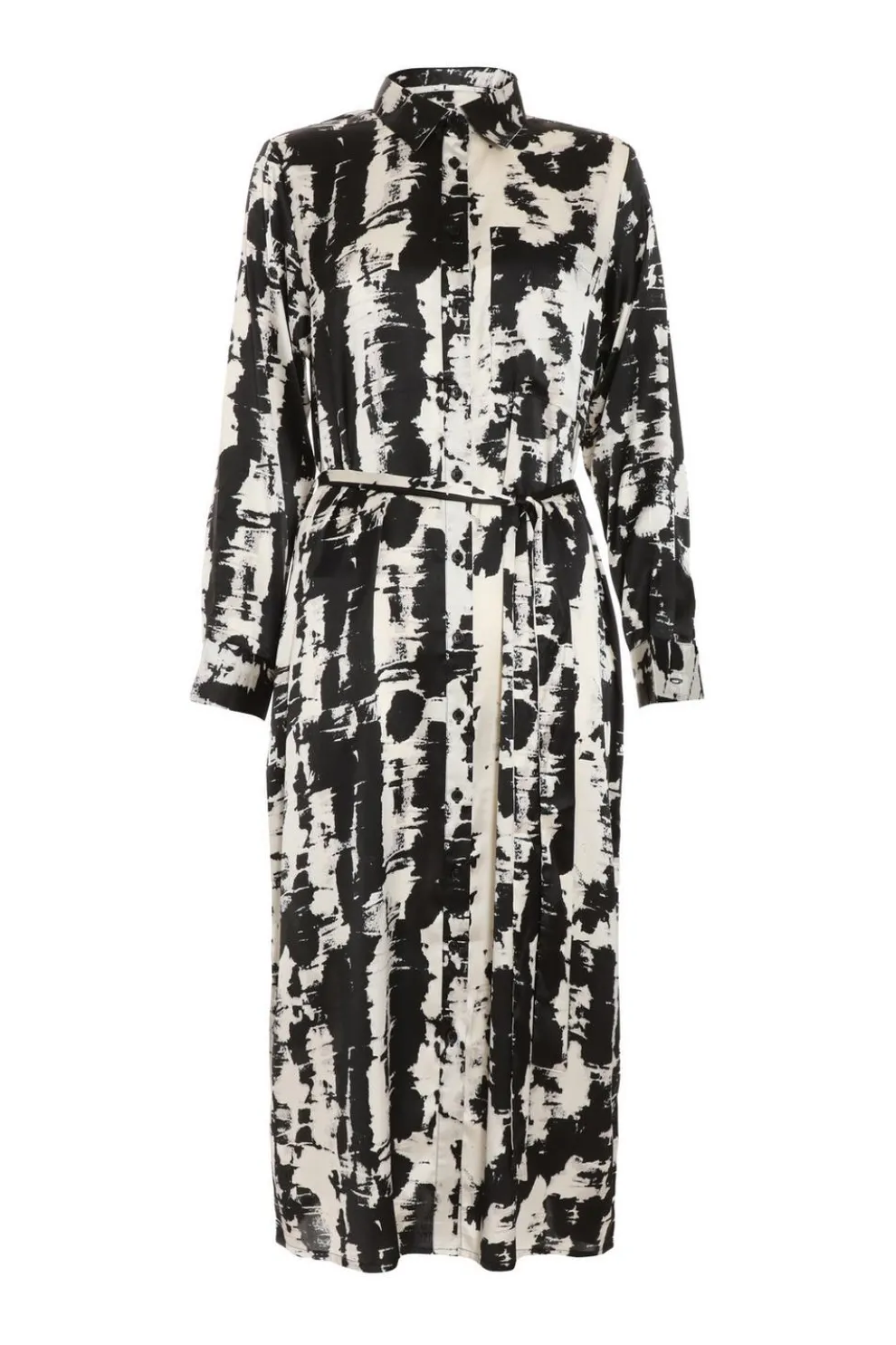 Black Satin Marble Print Shirt Dress