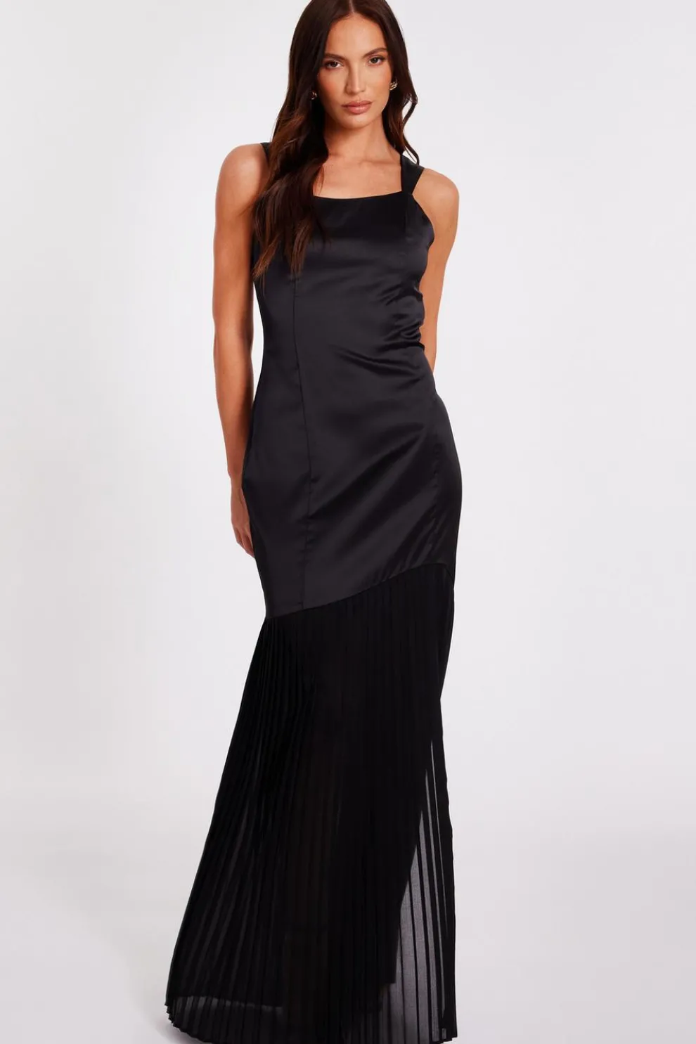 Black Satin Pleated Maxi Dress