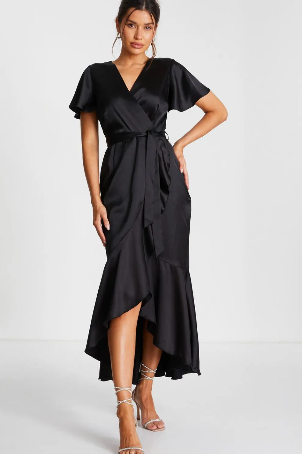 Black Satin Wrap Midaxi Dress