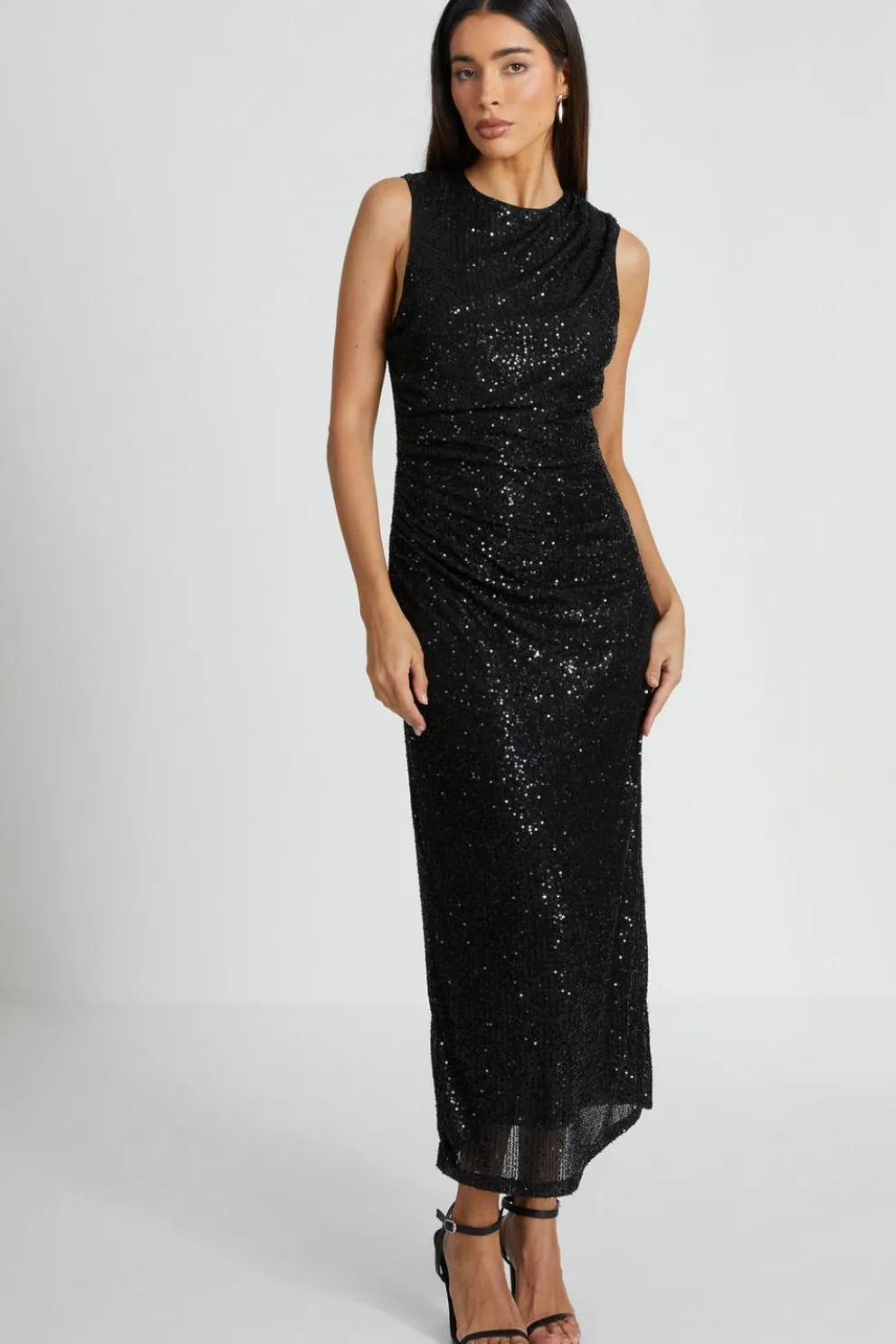 Black Sequin Ruched Side Midaxi Dress