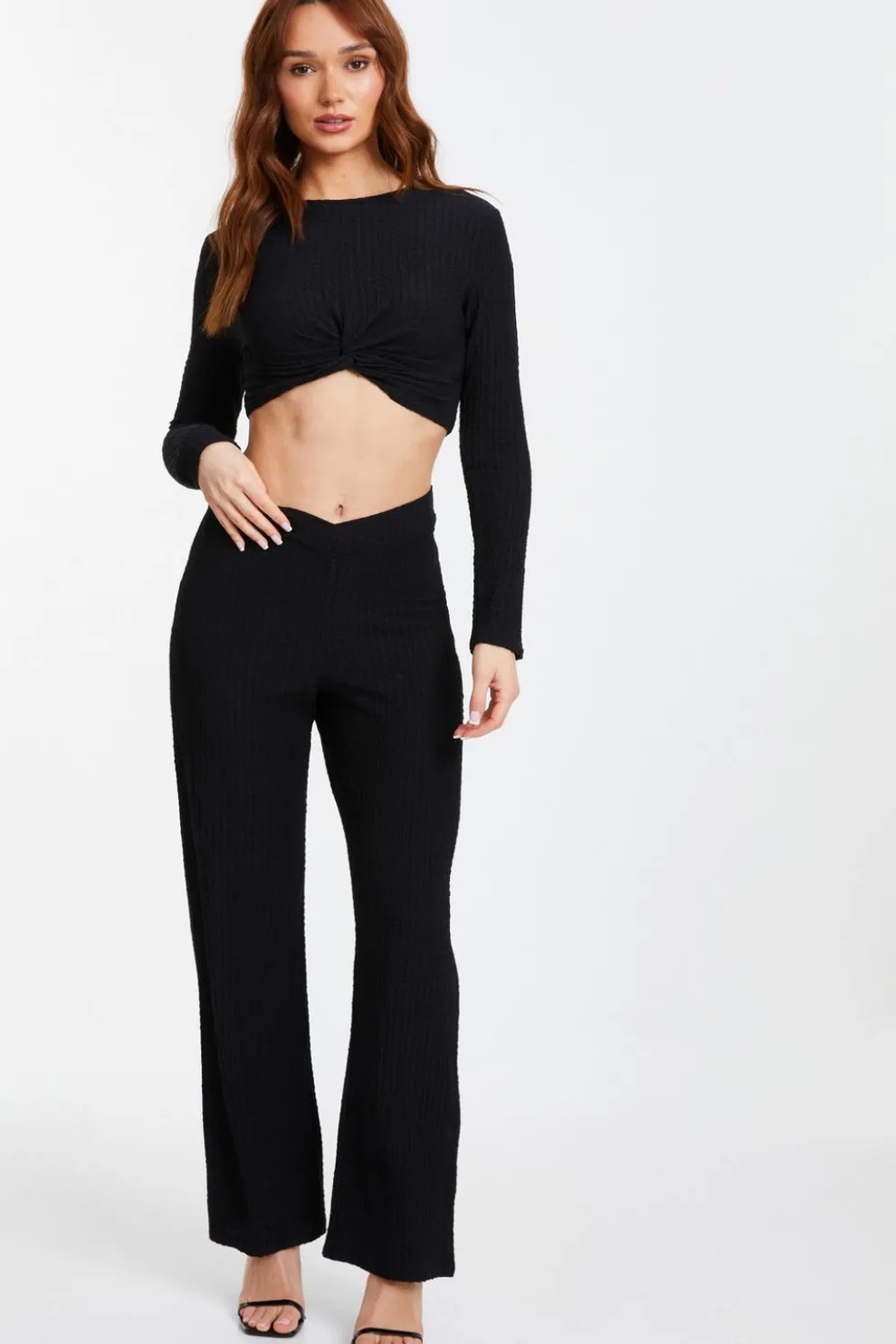 Black Textured Knot Front Crop Top