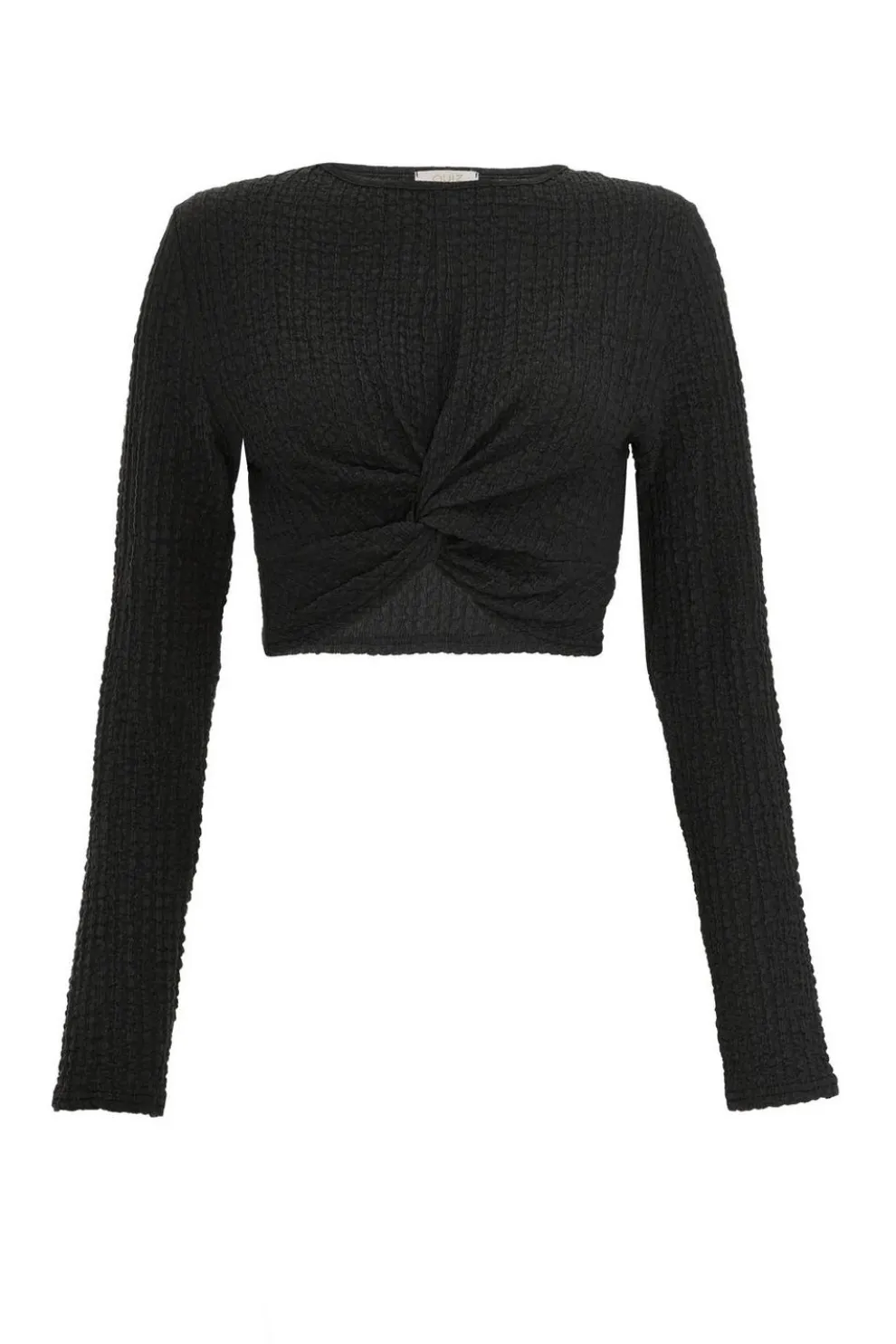 Black Textured Knot Front Crop Top