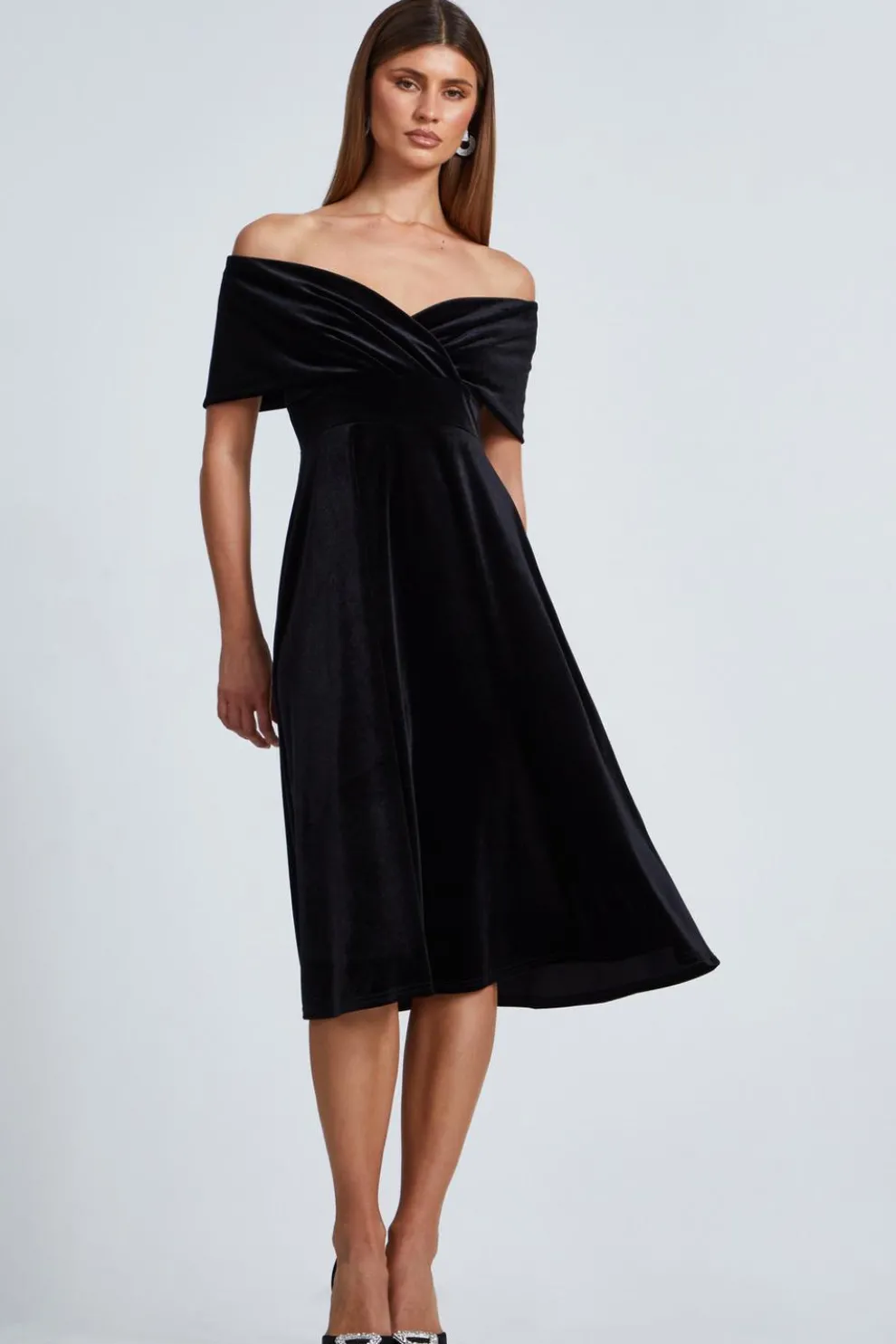 Black Velvet Bardot Midi Dress