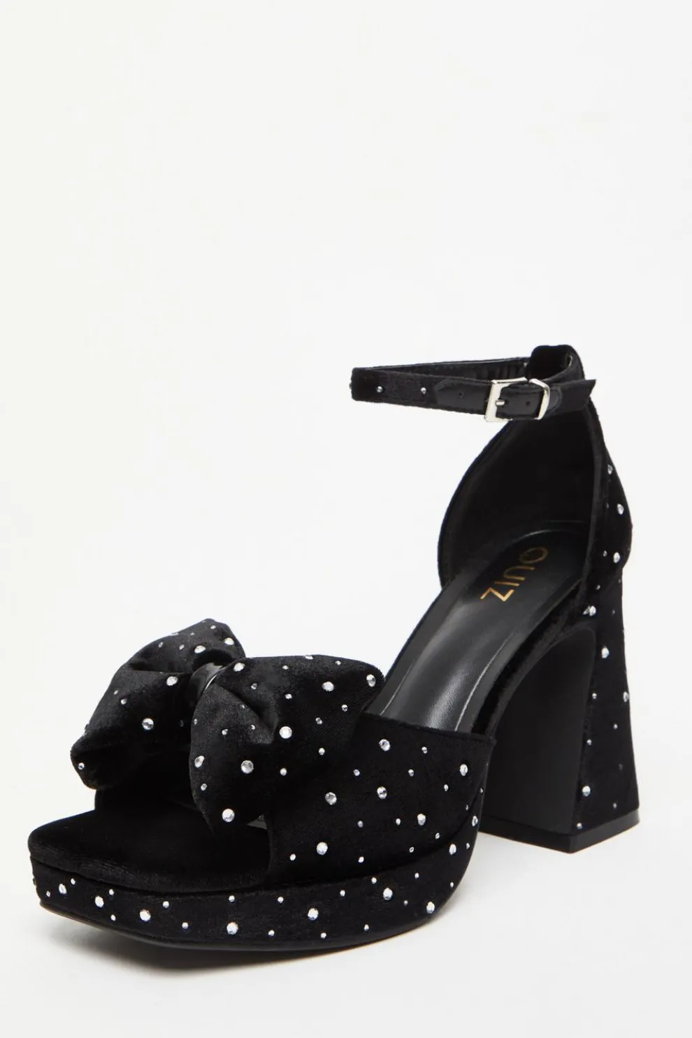 Black Velvet Diamante Platform Heeled Sandals