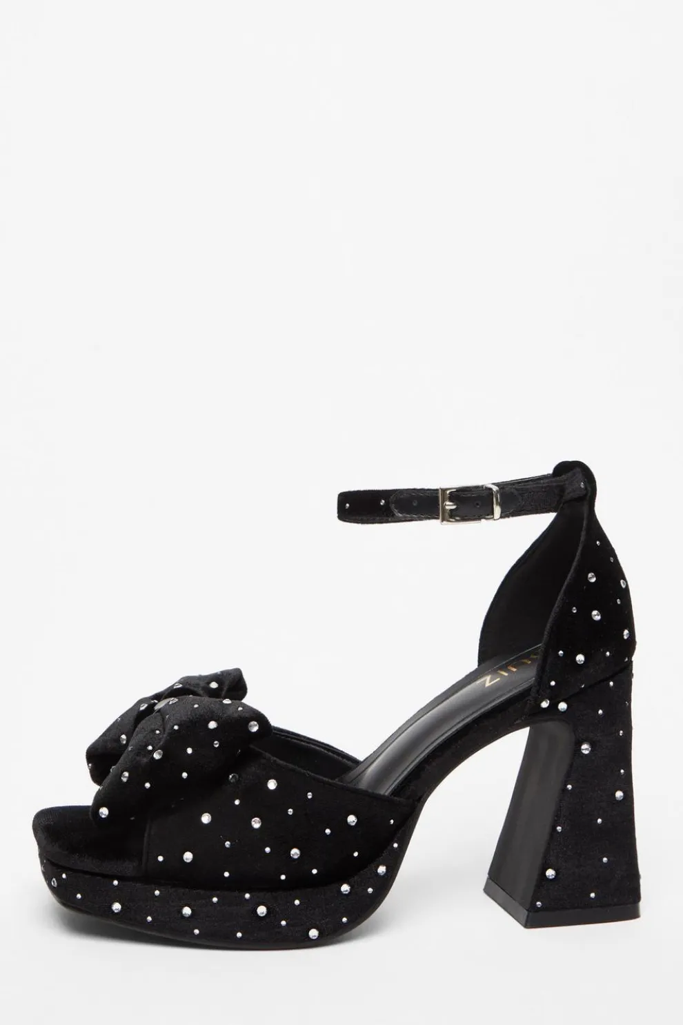 Black Velvet Diamante Platform Heeled Sandals