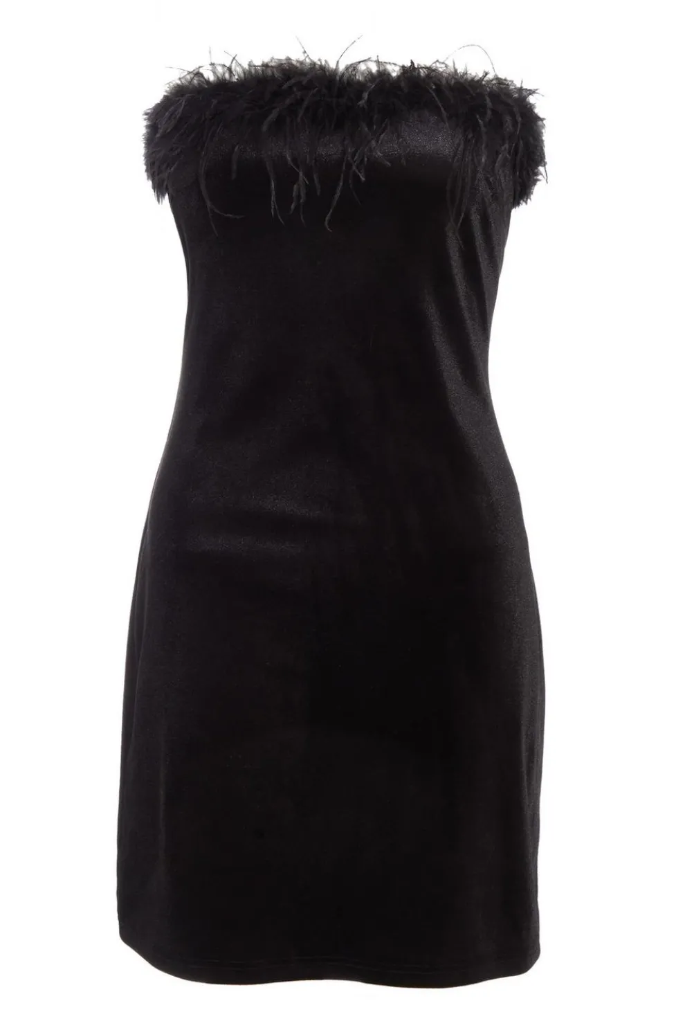 Black Velvet Feather Trim Mini Dress