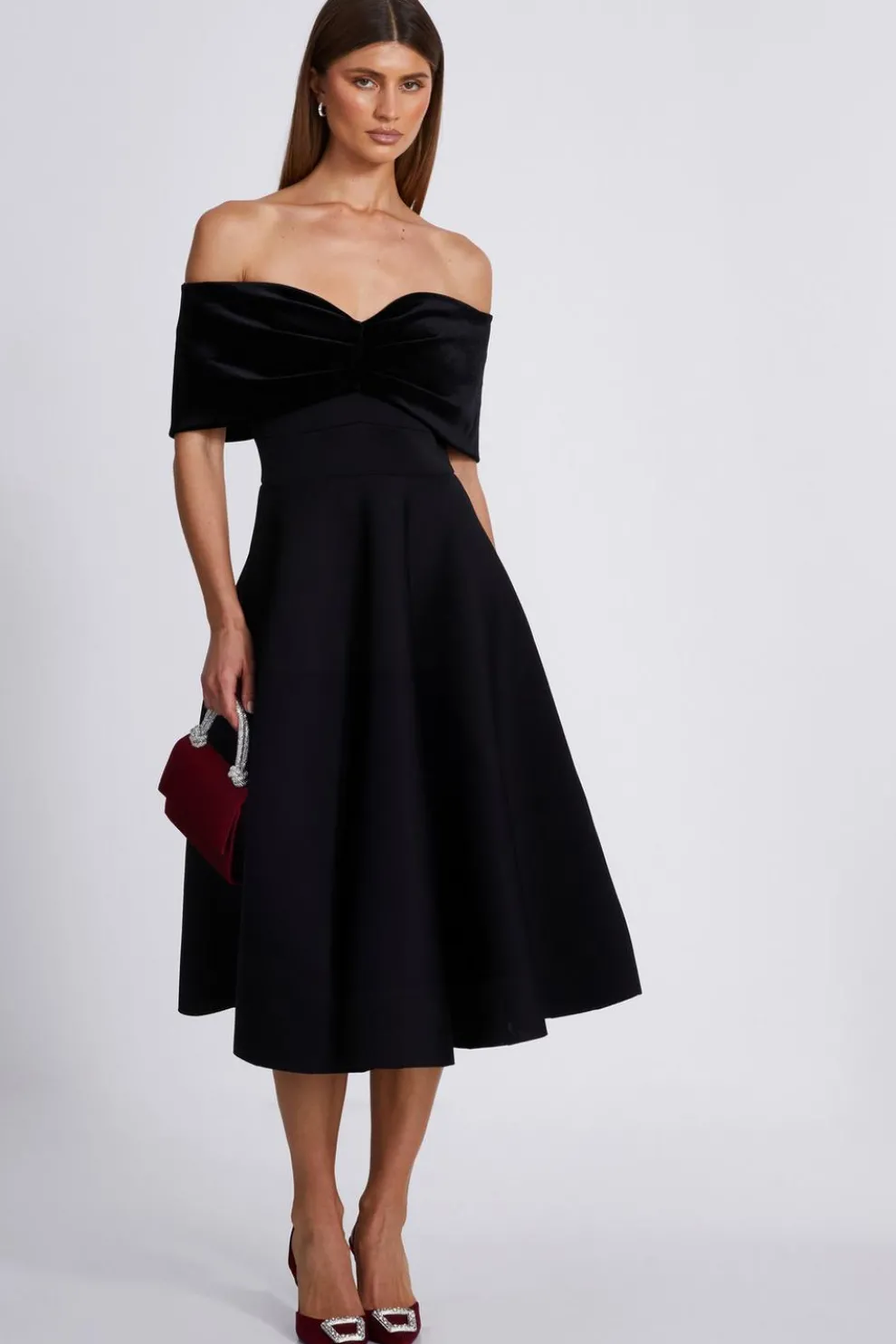 Black Velvet Neckline Skater Dress