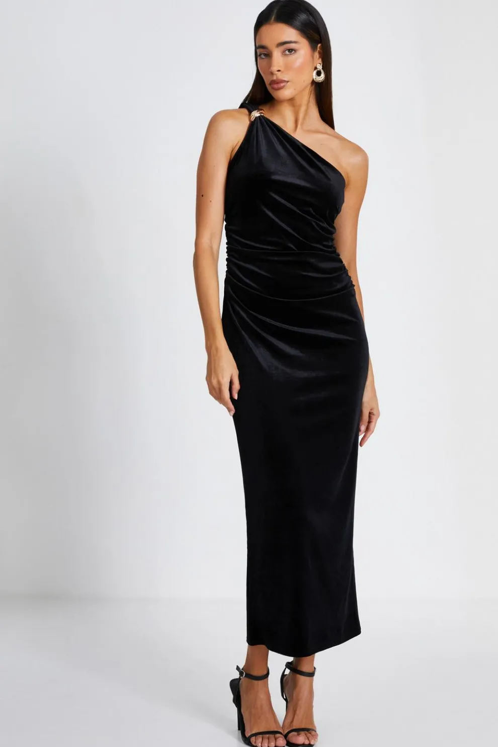 Black Velvet One Shoulder Midaxi Dress
