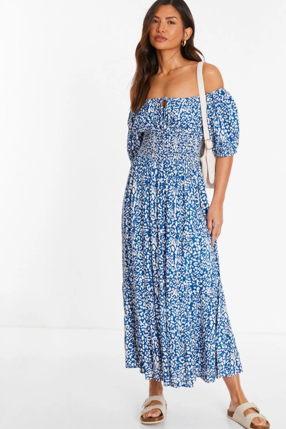 Blue Animal Print Bardot Midi Dress