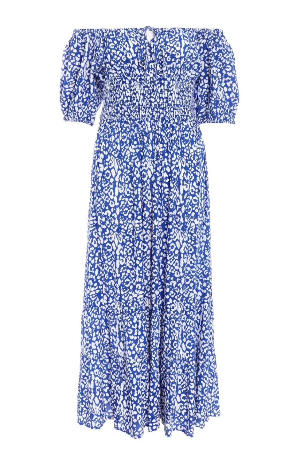 Blue Animal Print Bardot Midi Dress