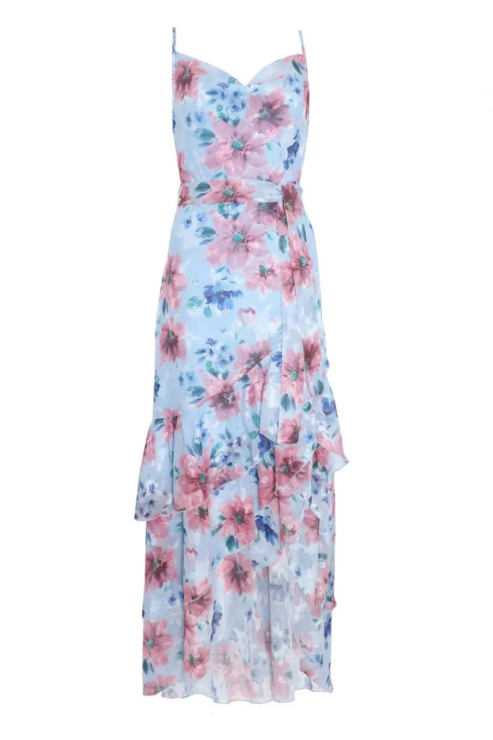 Blue Chiffon Floral Ruffle Maxi Dress