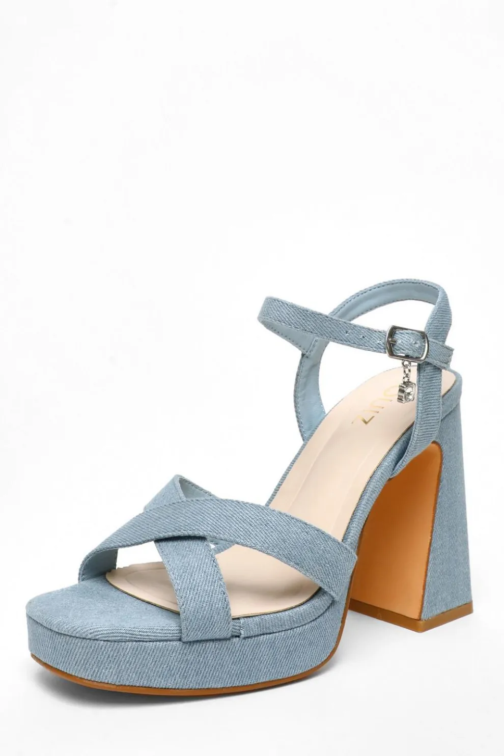 Blue Denim Cross Strap Platform Heeled Sandals