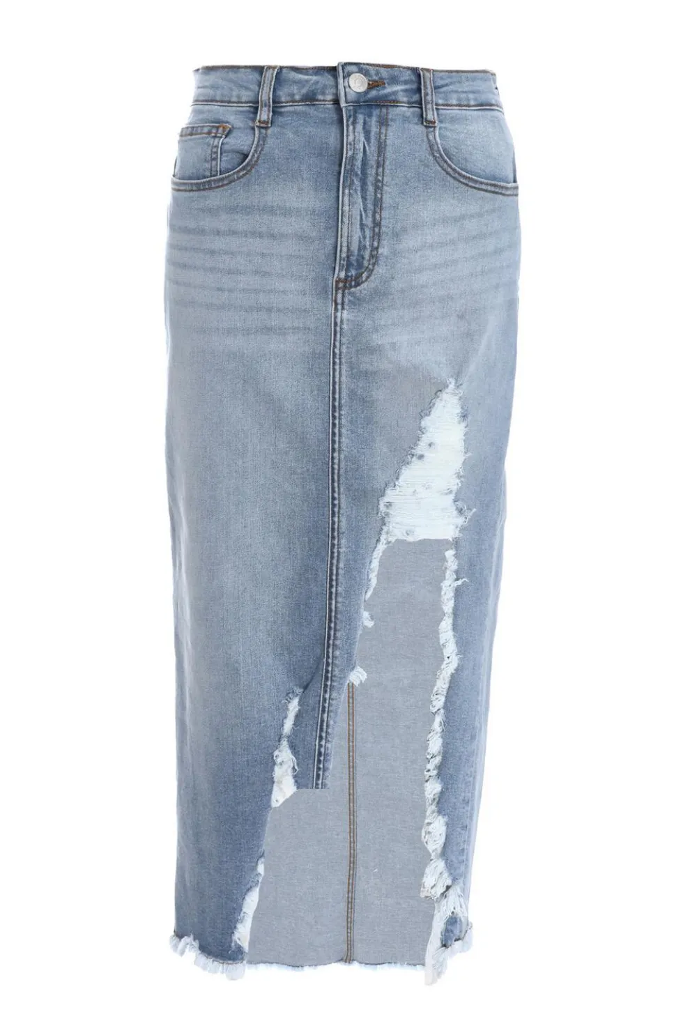Blue Denim Extreme Rip Midi Skirt