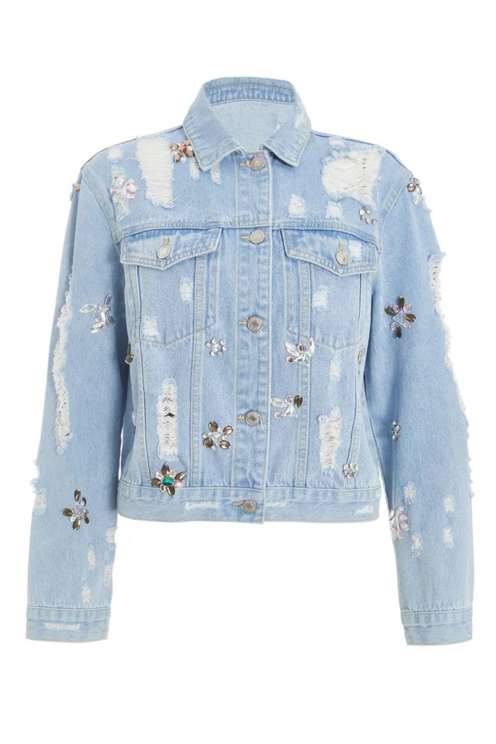 Blue Destressed Embellished Denim Jacket