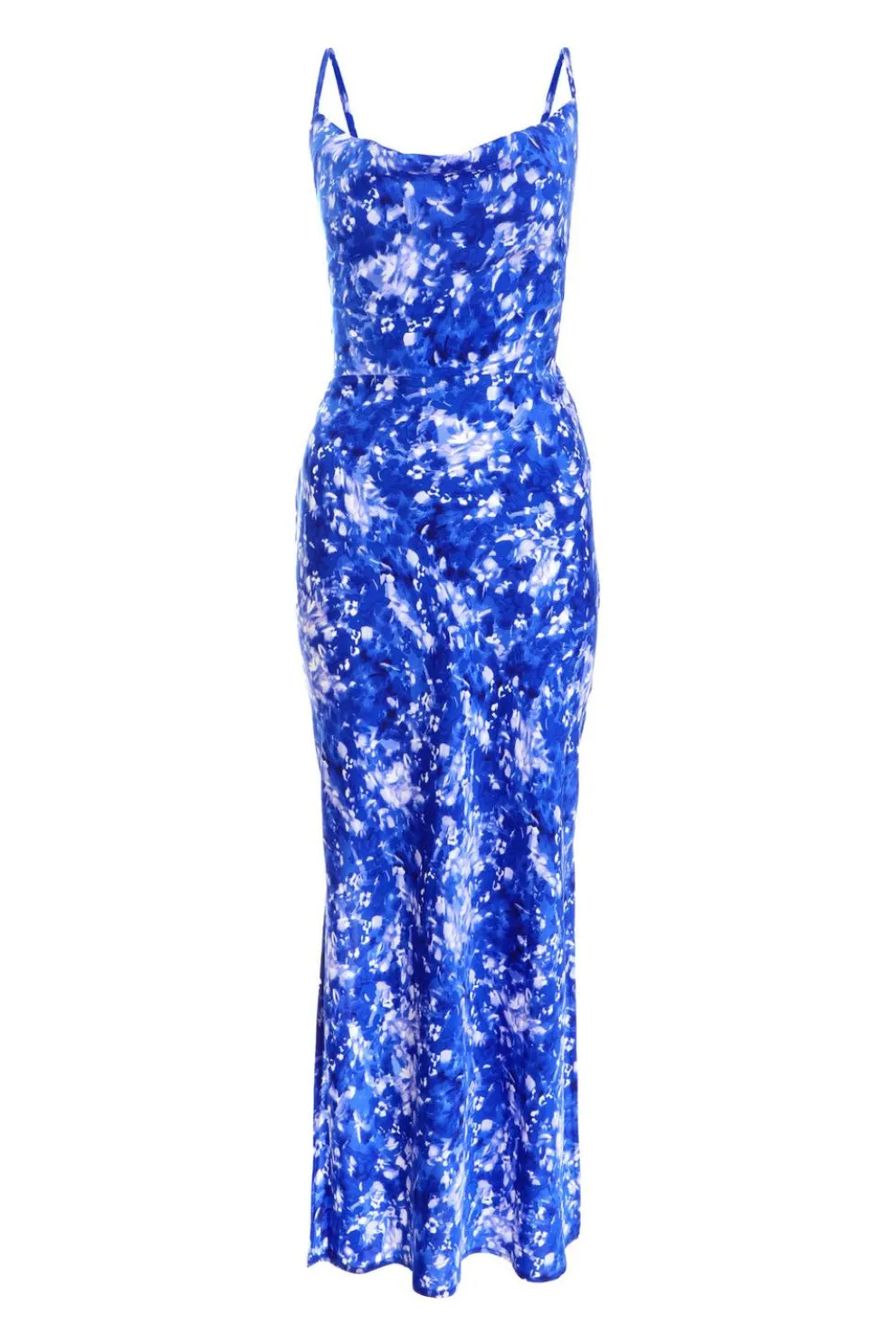 Blue Ditsy Floral Satin Midaxi Dress