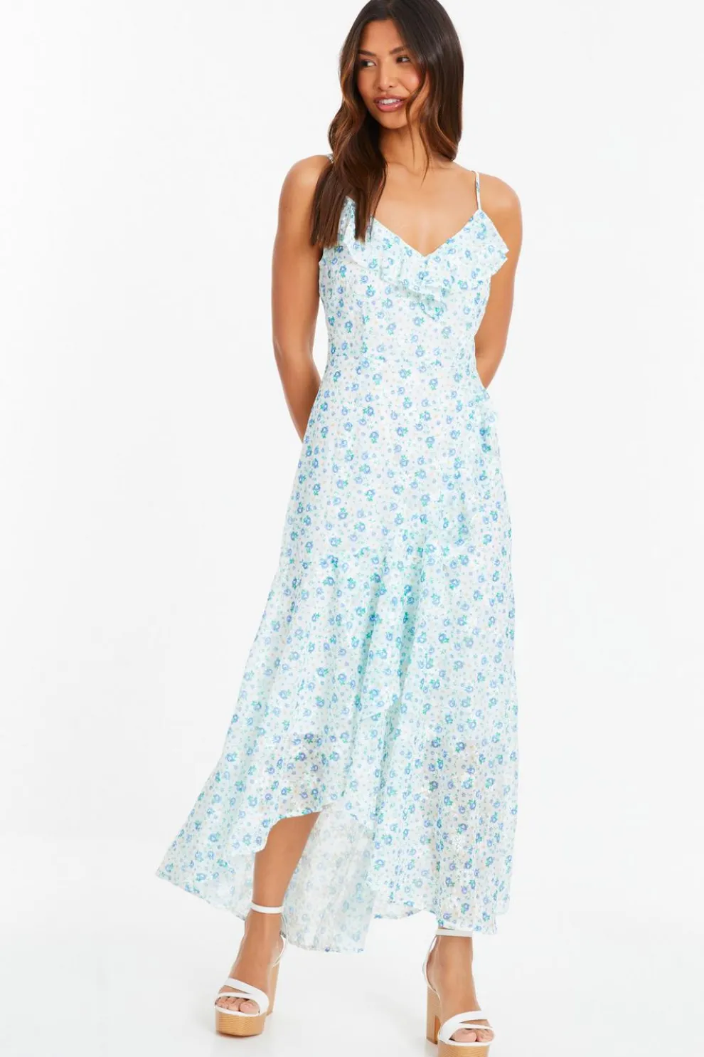 Blue Ditsy Print Chiffon Midaxi Dress