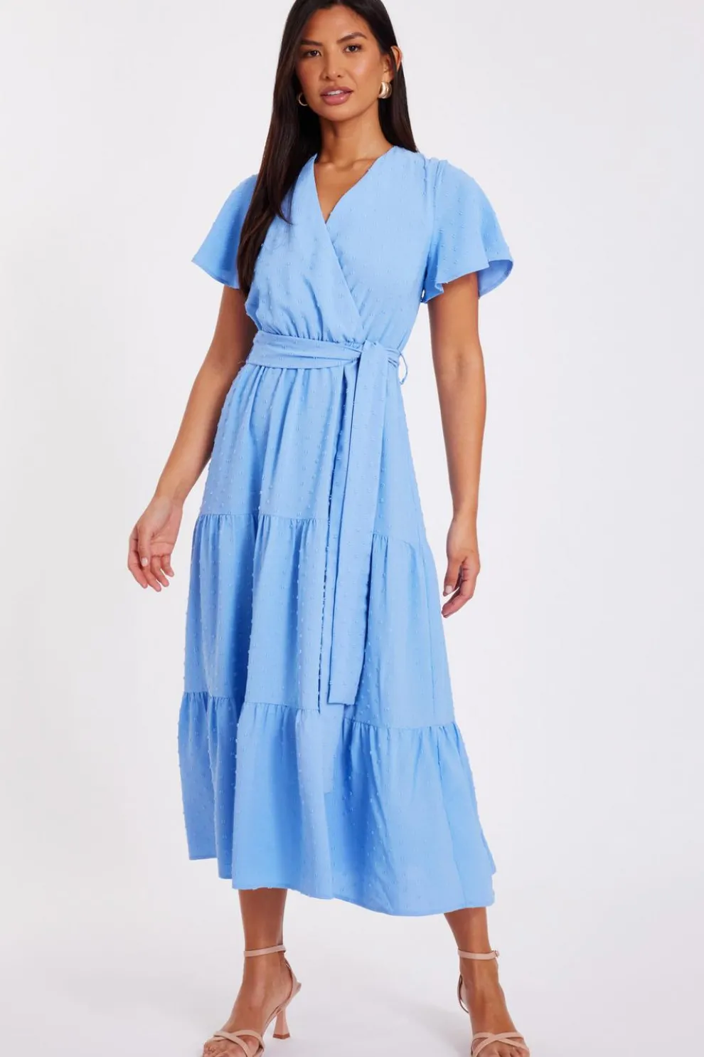 Blue Dobby Tie Waist Midi Dress