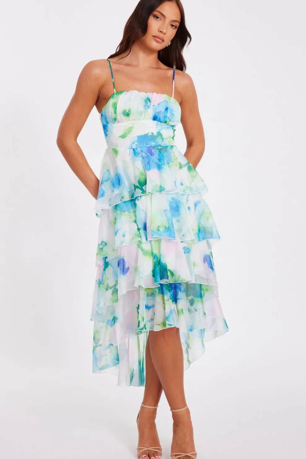 Blue Floral Tiered Midi Dress