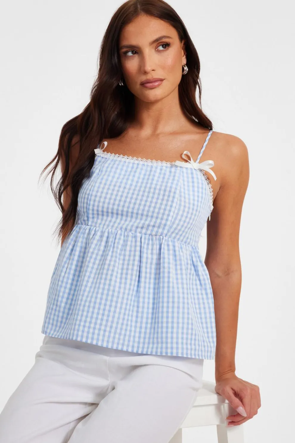 Blue Gingham Strappy Peplum Top