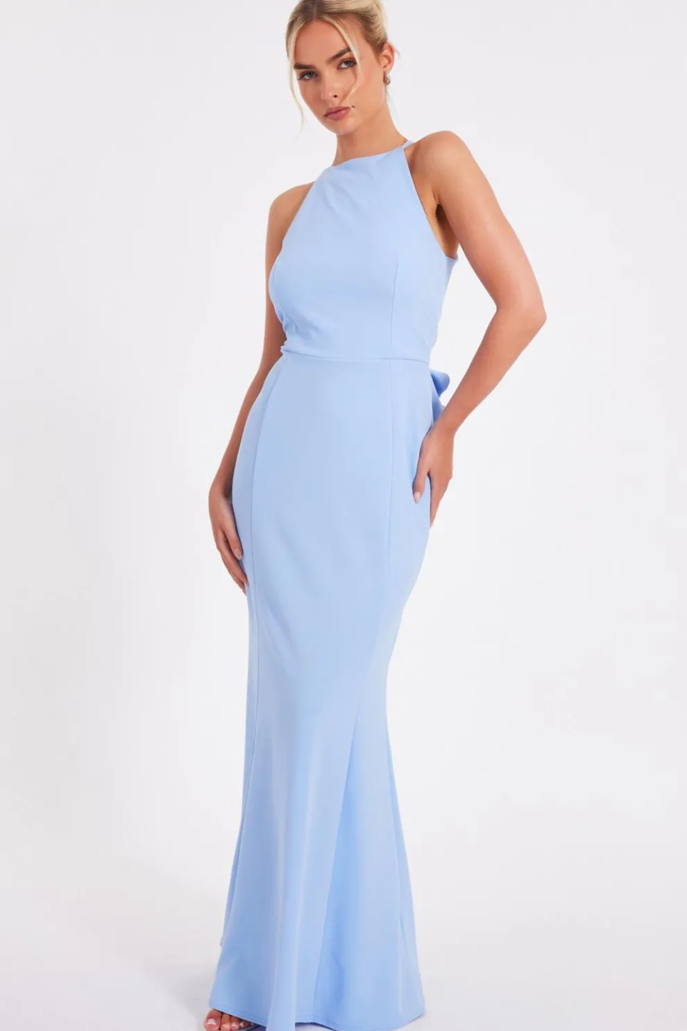 Blue Halter Neck Fishtail Maxi Dress