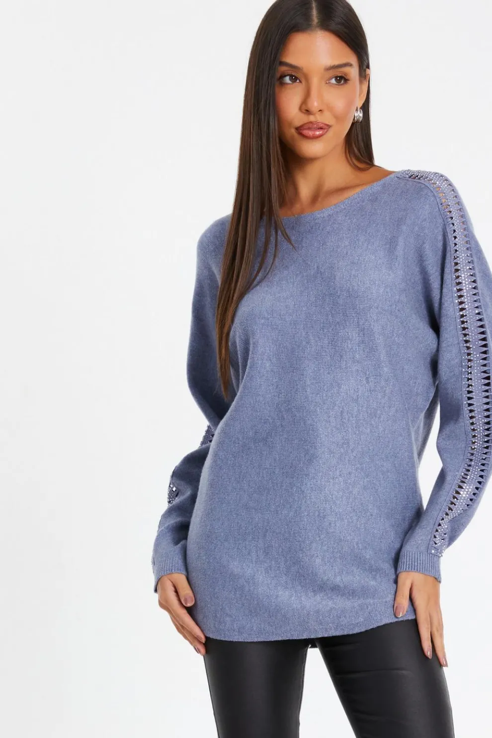 Blue Light Knit Diamante Sleeve Jumper