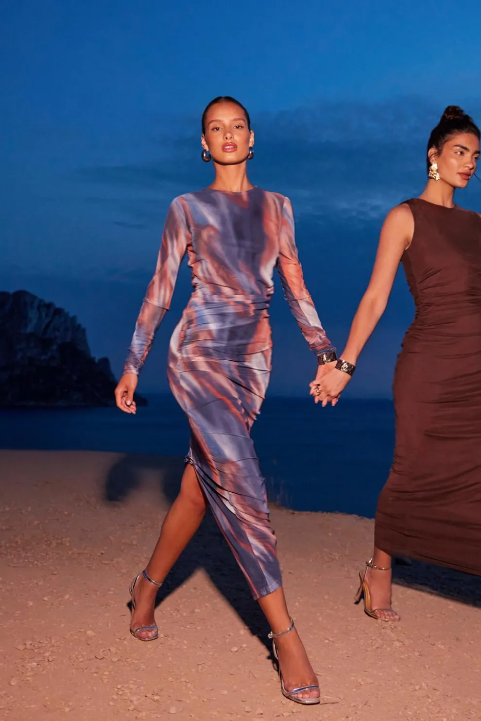 Blue Marble Print Mesh Midaxi Dress