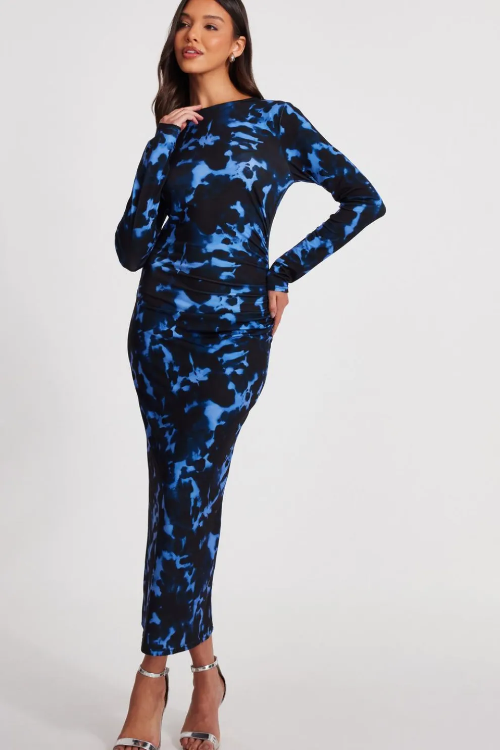 Blue Marble Ruched Midi Dress