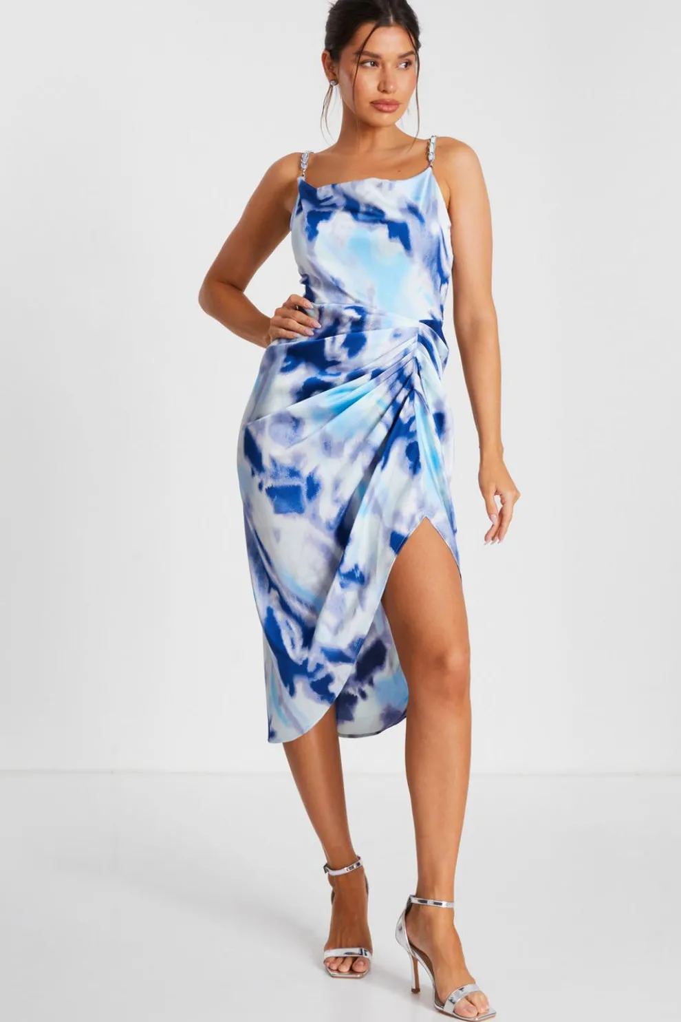 Blue Satin Marble Print Ruched Midi Dress