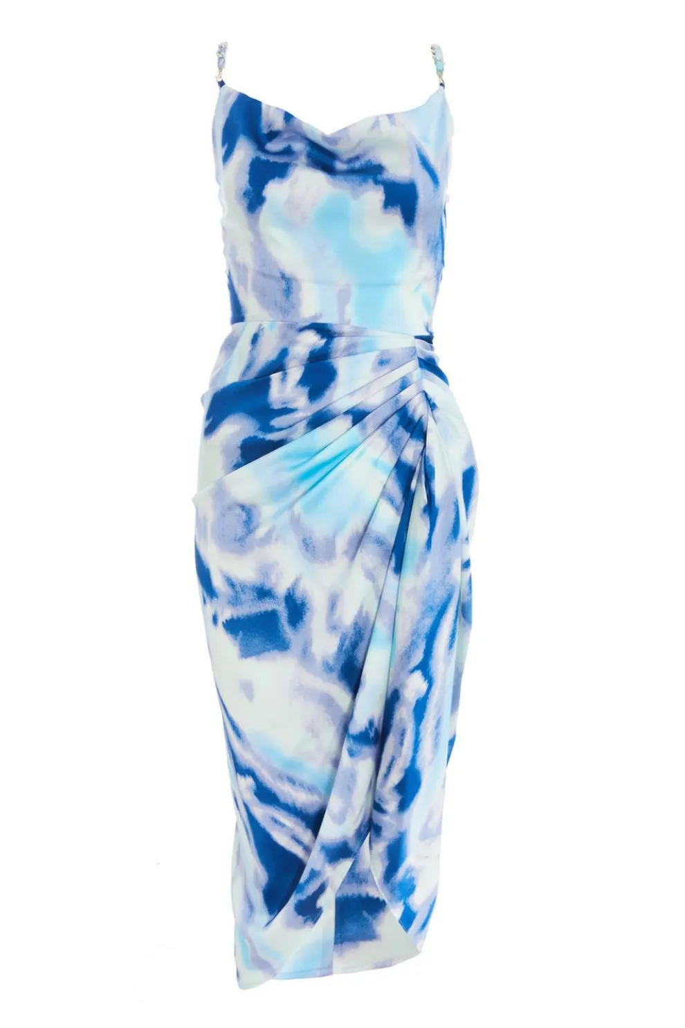 Blue Satin Marble Print Ruched Midi Dress