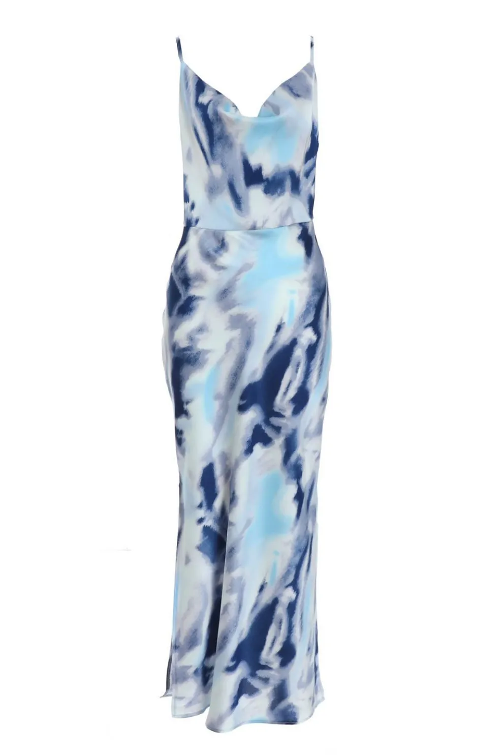 Blue Satin Marble Print Midi Dress