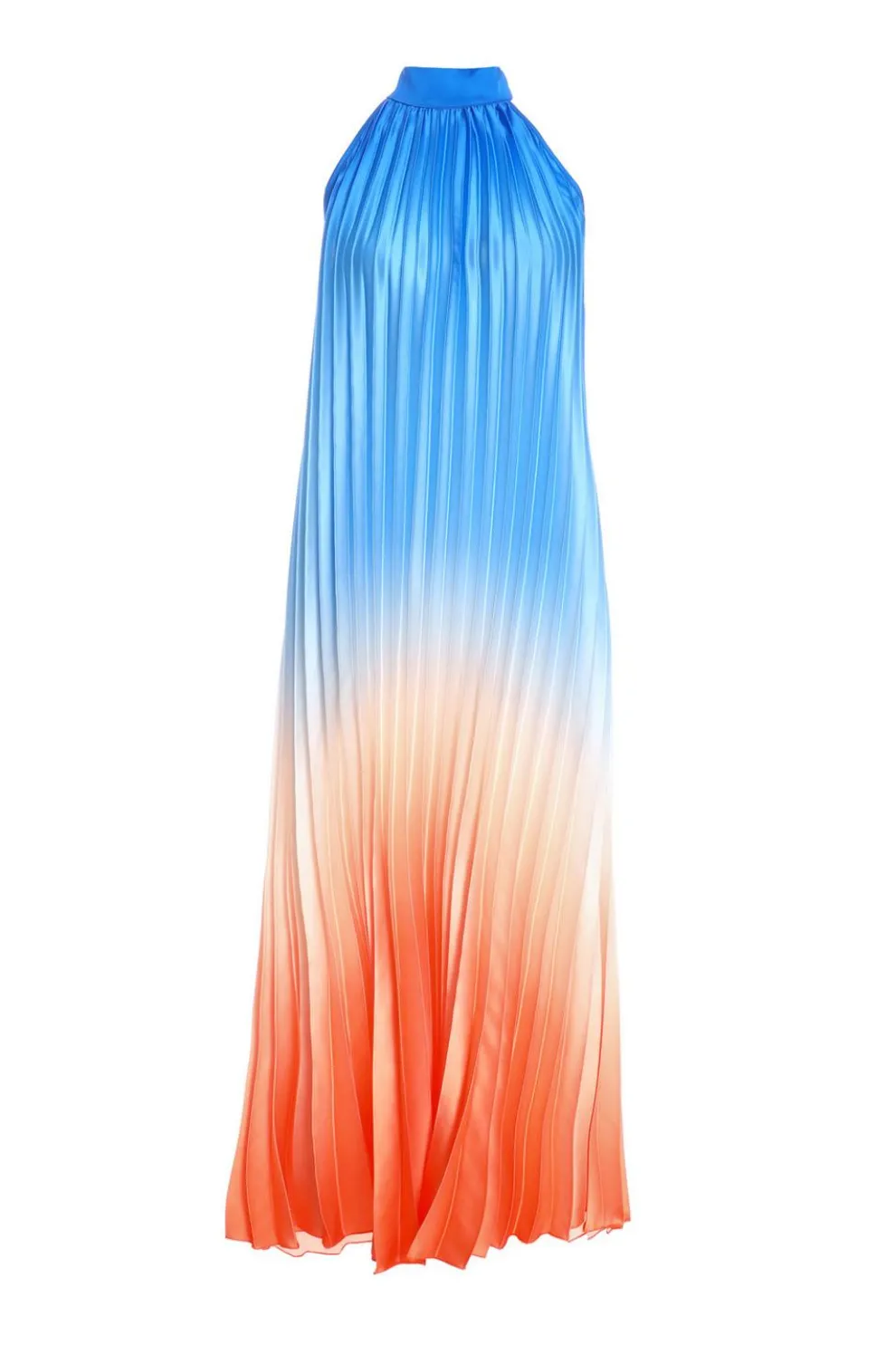 Blue Satin Ombre Pleated Maxi Dress