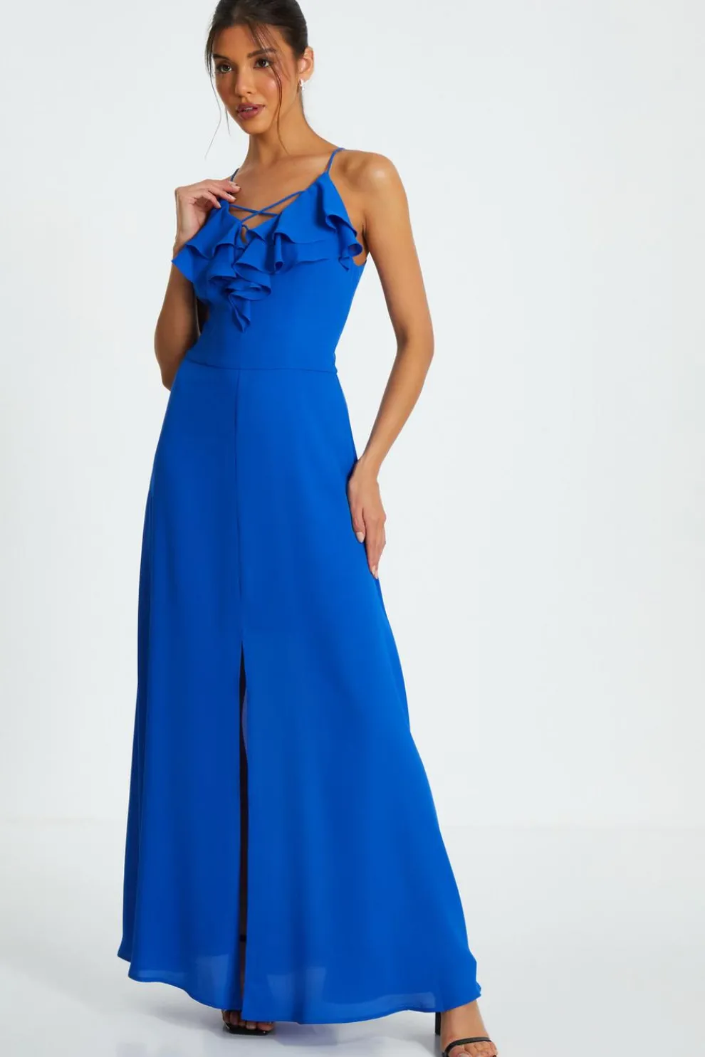 Blue Strappy Ruffle Chiffon Maxi Dress