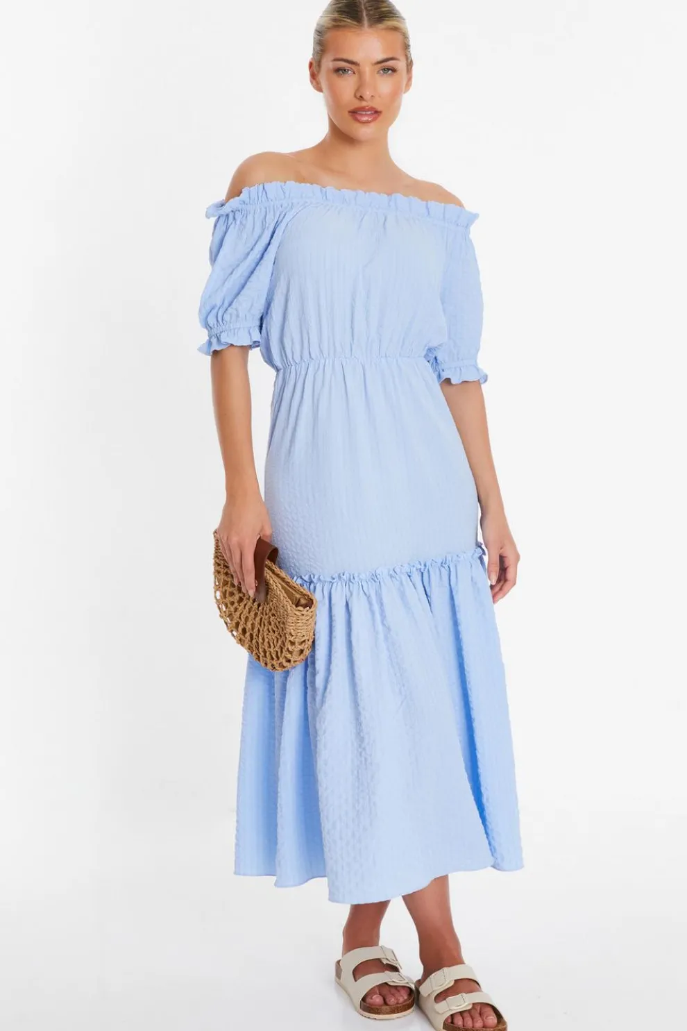 Blue Textured Bardot Midi Dress
