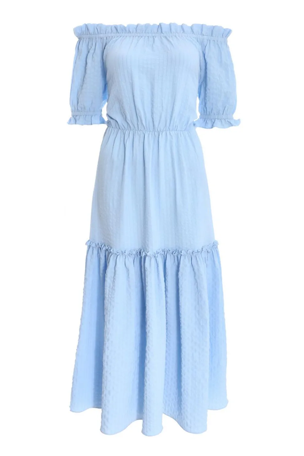 Blue Textured Bardot Midi Dress