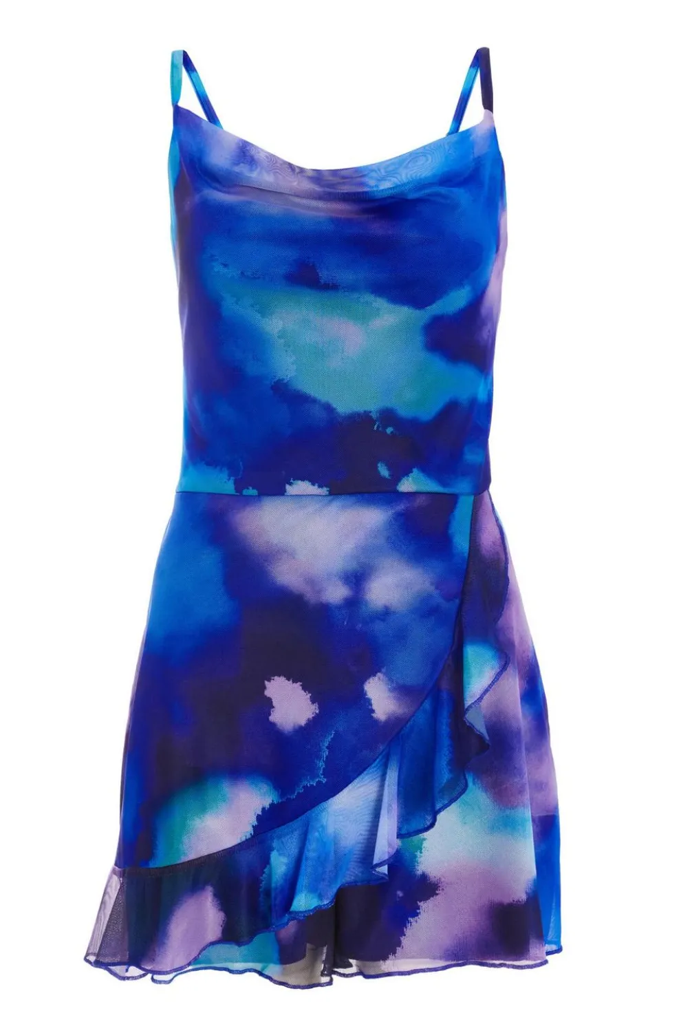 Blue Tie Dye Print Cowl Neck Mesh Playsuit