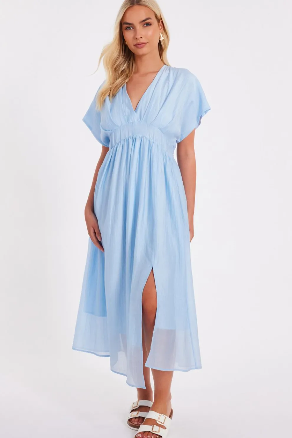 Blue V-Neck Midi Dress