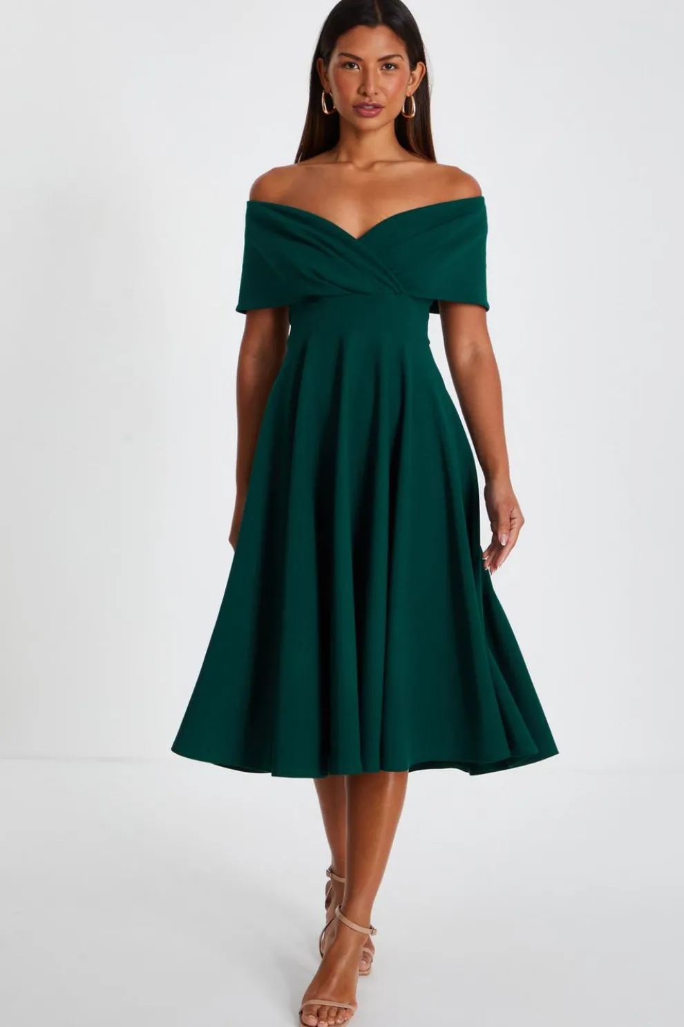 Bottle Green Bardot Skater Midi Dress