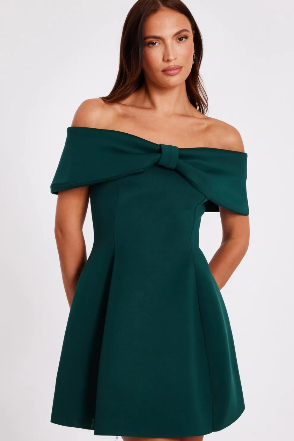 Bottle Green Bardot Bow Skater Dress